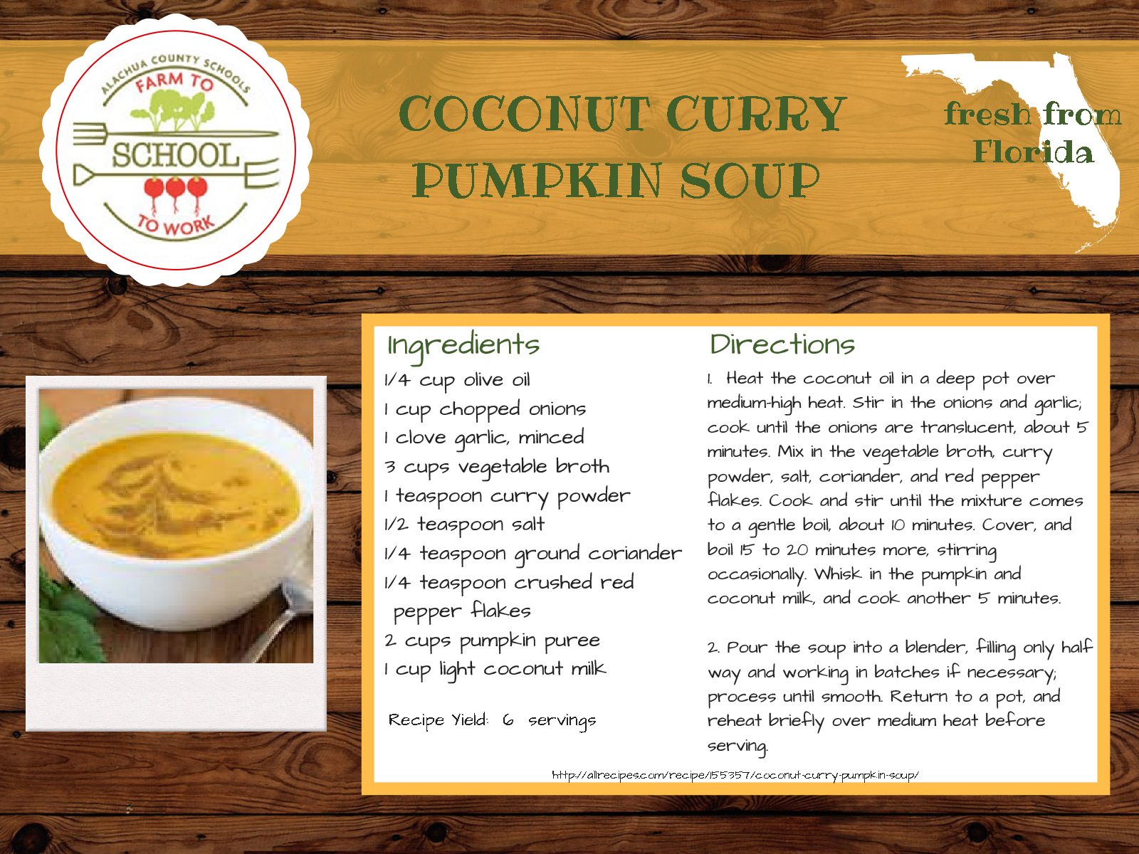 Coconut Curry Pumpkin Soup Recipe, Ingredients: 1/4 cup olive oil, 1 cup chopped onions, 1 clove garlic (minced), 3 cups vegetable broth, 1 teaspoon curry powder, 1/2 teaspoon salt, 1/4 teaspoon ground coriander, 1/4 teaspoon crushed red pepper flakes, 2 cups pumpkin puree, 1 cup light coconut milk 1. Heat the coconut oil in a deep pot over medium-high heat. Stir in the onions and garlic. Cook until the onions are translucent, about 5 minutes. Mix in the vegetable broth, curry powder, salt, coriander, and red pepper flakes. Cook and stir until the mixture come to a gentle boil, about 10 minutes. Cover, and boil 15 to 20 minutes more, stirring occasionally. Whisk in the pumpkin and coconut milk, and cook another 5 minutes. 2. Pour the soup into a blender, filling only half way and working in batches if necessary. Process until smooth. Return to a pot, and reheat briefly over medium heat before serving. Recipe Yield: 6 servings Recipe from: http://allrecipes.com/recipe/155357/coconut-curry-pumpkin-soup/