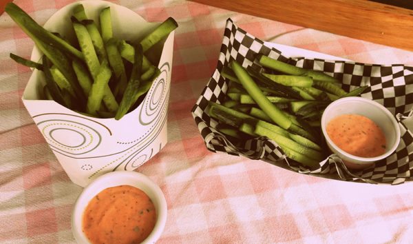 Strawberry dip and cucumber fries