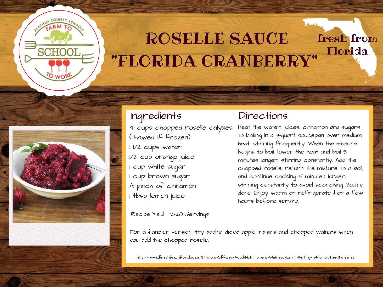 Roselle Sauce “Florida Cranberry” Recipe, Ingredients: 4 cups chopped roselle calyxes (thawed if frozen), 1 1/2 cups water, 1/2 cup orange juice, 1 cup white sugar, 1 cup brown sugar, A pinch of cinnamon, 1 tablespoon of lemon juice. Heat the water Juices, cinnamon and sugars to boiling in a 3-quart saucepan over medium heat, stirring frequently. When the mixture begins to boil, lower the heat and boil 5 minutes longer, stirring constantly. Add the chopped roselle, return the mixture to a boil, and continue cooking 5 minutes longer, stirring constantly to avoid scorching. You’re done! Enjoy warm or refrigerate for a few hours before serving. Recipe yields 12 to 20 servings. For a fancier version, try adding diced apples, raisins, and chopped walnuts when you add the chopped roselle. Recipe from http://www.freshfromflorida.com/Divisons-Offices/Food-Nutrition-and-Wellness/Living-Healthy-in-Florida/Healthy-Eating