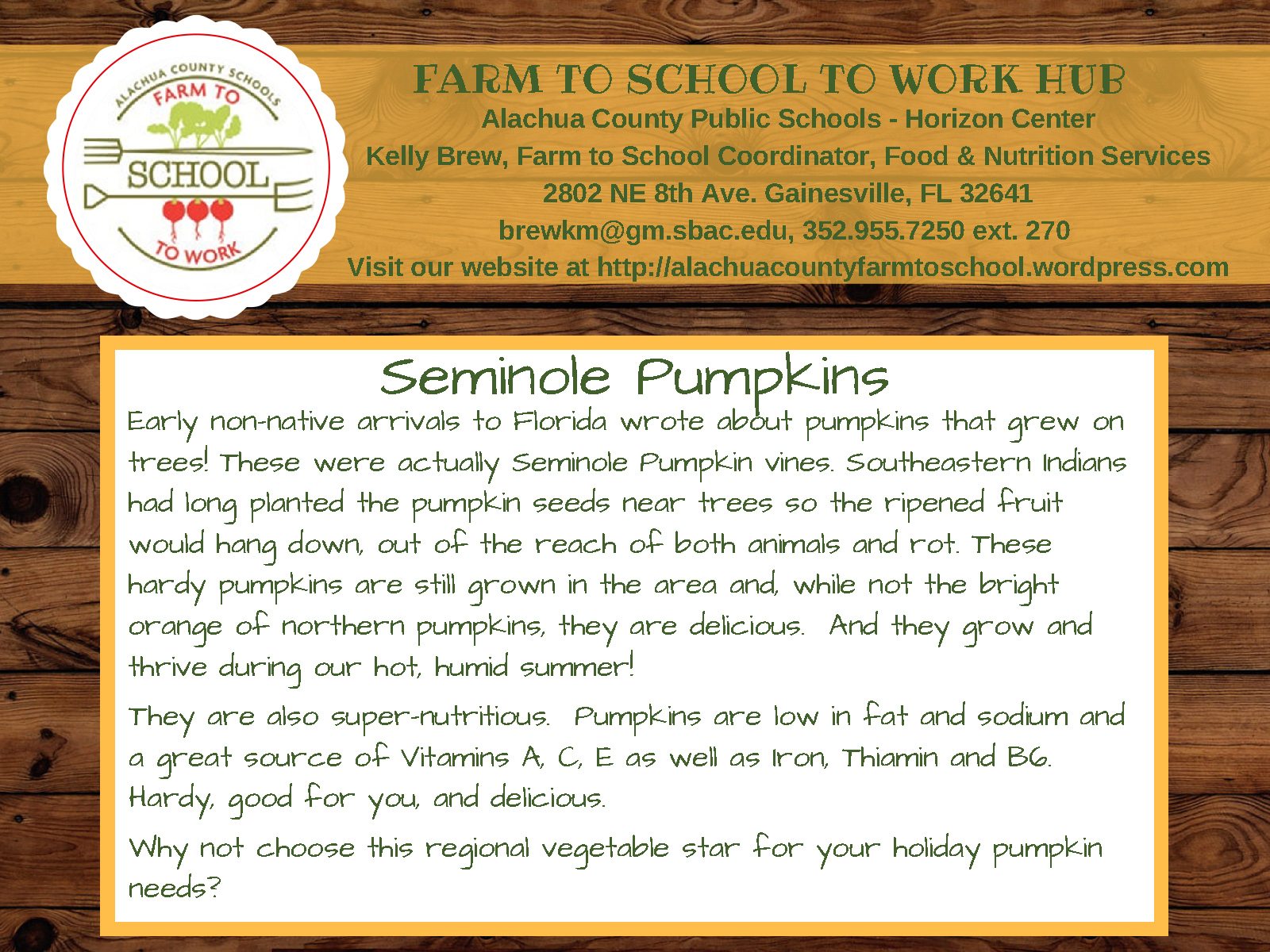 Seminole Pumpkins: Early non-native arrivals to Florida wrote about pumpkins. that grew on trees! These were actually Seminole Pumpkin vines. Southeastern Indians had long planted the pumpkin seeds near trees so the ripened fruit would hang down, out of reach of both animals and rot. These hardy pumpkins are still grown in the area and, while not the bright orange fo northern pumpkins, they are delicious. And they grow and thrive during our hot, humid summer! They are also super-nutritious. Pumpkins are low in fat and sodium and a great source of Vitamins A,C, E as well as iron, thiamin, and B6. Hardy, good for you, and delicious. Why not choose this regional vegetable star for your holiday pumpkin needs?